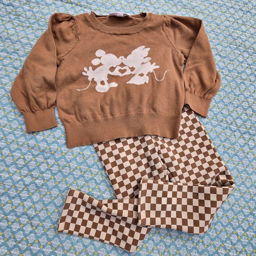 Baby Gap Disney Minnie Mickey Tan Brown LS Sweater Pants Outfit Girls Toddler 4 - Picture 2 of 5